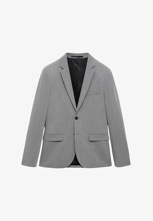 Lichtgrijze blazer met geknipte revers, twee voorzakken en een enkele zwarte knoopsluiting. Gladde textuur en gedeeltelijk gevoerde binnenkant.