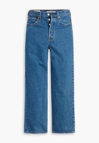 Jean droit bleu en denim avec braguette à boutons, poches avant et arrière, et passants de ceinture, posé à plat sur fond blanc.
