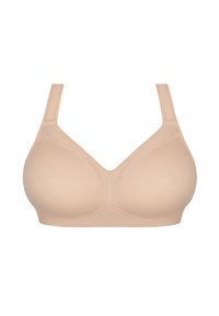 Beige bh met een V-hals ontwerp, gladde stof en brede bandjes. Heeft een naadloze cup en subtiele mesh details aan de zijkanten.