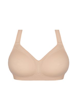 Sutien bej cu design în formă de V, fabricat dintr-un material neted și cu bretele late. Are un cupe fără cusături și detalii subtile din plasă pe laterale.