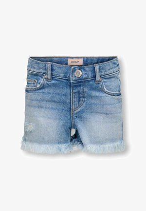 Lichte blauwe denim shorts met een rafelige zoom, voorzien van een knoopsluiting aan de voorkant, twee zakken aan de voorkant en een lichte slijtage op de stof.