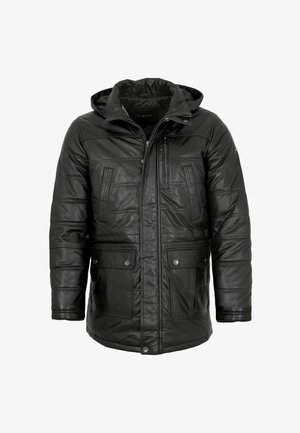 Schwarze Lederjacke mit Kapuze, gepolstertem Design, vorderem Reißverschluss und zwei großen Seitentaschen, ausgestattet mit einer Brusttasche und gestickten Details.
