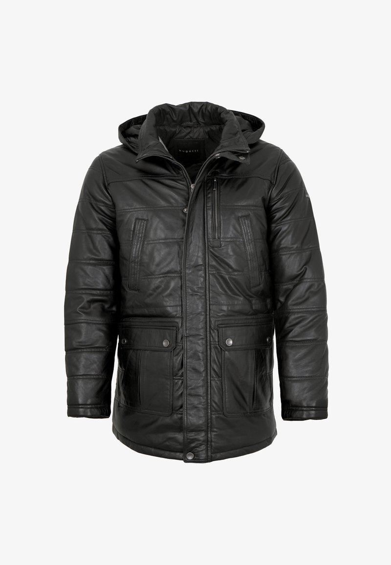 Black leather jacket with a hood, padded design, front zipper, and two large side pockets, featuring a chest pocket and stitched details.