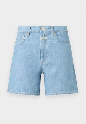 Light blue denim shorts with front button, belt loops, and front and coin pockets, displayed on a plain background.
