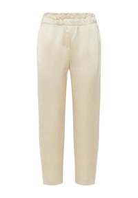 Beige satin broek met een relaxte pasvorm, voorzien van een elastische tailleband, zijzakken en een gladde textuur. Ontworpen voor comfort en gemak.