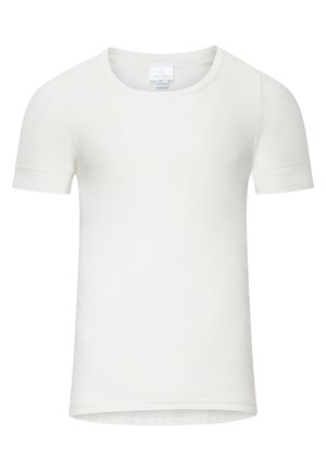 Weißes, geripptes T-Shirt mit kurzen Ärmeln, rundem Halsausschnitt und glatter Textur. Das Etikett zeigt den Markennamen mittig am Halsausschnitt.