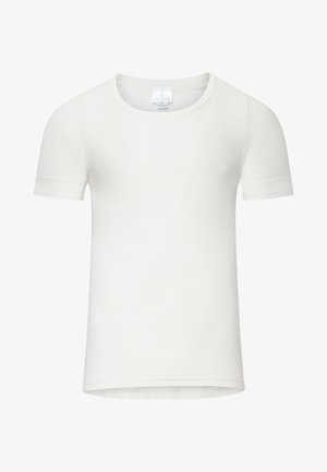 Witte ribbelachtige T-shirt met korte mouwen en een ronde halslijn, van gladde textuur. Het label toont de merknaam in het midden van de halslijn.