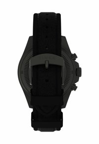 Orologio Timex nero con cinturino in tessuto strutturato, dotato di cassa rotonda e tre pulsanti laterali. La fibbia è anch'essa nera e opaca.