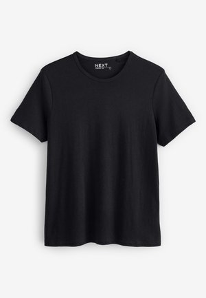 Czarny krótki rękaw t-shirt wykonany z miękkiej bawełny. Okrągły dekolt o gładkiej fakturze i prostym wykończeniu. Etykieta marki widoczna wewnątrz kołnierza.