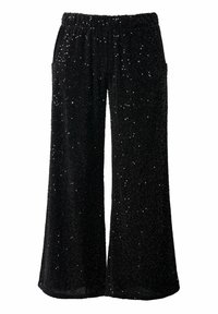 Pantaloni neri a gamba larga con vita elasticizzata, caratterizzati da una superficie testurizzata adornata da piccole paillettes lucenti.