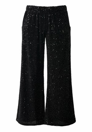 Pantalons larges noirs avec une taille élastique, dotés d'une surface texturée ornée de petites paillettes brillantes.