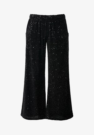 Pantaloni neri a gamba larga con vita elasticizzata, caratterizzati da una superficie testurizzata adornata da piccole paillettes lucenti.