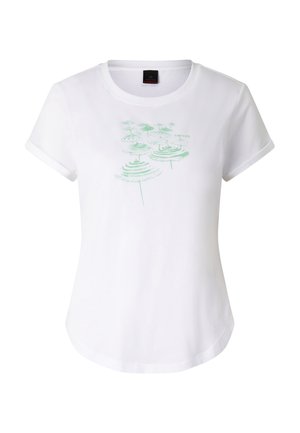 Weißes T-Shirt mit kurzen Ärmeln, hochgekrempelten Bündchen und hellem, grünem, abstraktem Blumenmuster auf der Brust, mit der Aufschrift "FIRE + ICE".