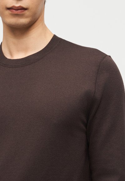 Κοντινό πλάνο ενός ατόμου που φοράει σκουρό καφέ πουλόβερ με στρογγυλή λαιμόκοψη, εμφανίζοντας τους ώμους, το πάνω μέρος του στήθους και μέρος του προσώπου.