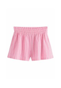 Lichtroze shorts met witte verticale strepen, voorzien van een verzamelde elastische tailleband en een losse pasvorm voor comfort. Katoenen materiaal.