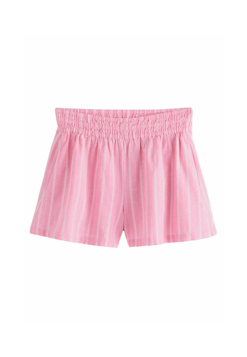 Lichtroze shorts met witte verticale strepen, voorzien van een verzamelde elastische tailleband en een losse pasvorm voor comfort. Katoenen materiaal.