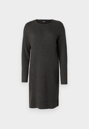 Knit sweater dress in dark gray, featuring long sleeves, round neckline, and a ribbed texture, designed for a relaxed fit.