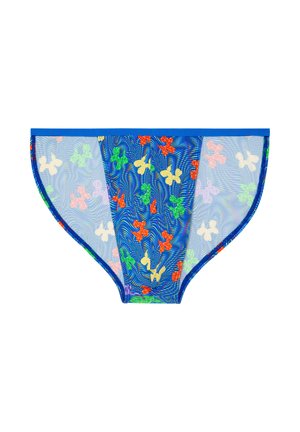 Blauwe mesh bikinibroekjes met meerkleurige ballonfiguurtjes en een effen blauwe rand langs de randen, plat weergegeven tegen een witte achtergrond.
