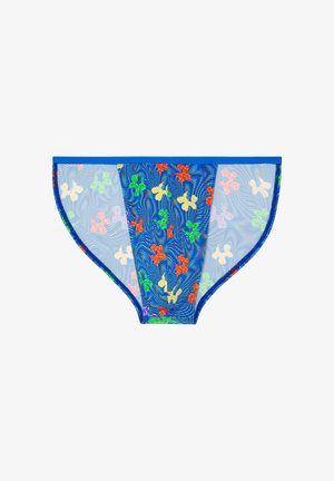 Blauwe mesh bikinibroekjes met meerkleurige ballonfiguurtjes en een effen blauwe rand langs de randen, plat weergegeven tegen een witte achtergrond.
