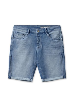 Gaiši zili džinsu šorti ar tradicionālo piecu kabatu dizainu, pogu aizdari un ar aprocēm apakšmalā, lai radītu ikdienišķu izskatu.