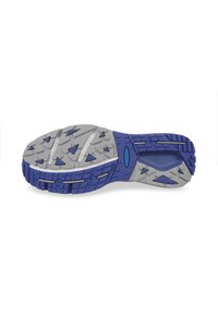 Suola di scarpa sportiva grigia e blu con superficie texture, caratterizzata da motivi a triangolo per una migliore aderenza e flessibilità.