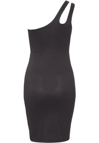 Čierne žebrované bodycon šaty s jedným ramienkom, priliehavý strih a textúrovaná látka. Obsahujú asymetrický výstrih a krátku dĺžku.