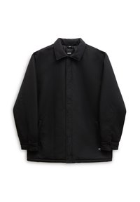 Zwarte jas met lange mouwen, een kraag, knopen aan de voorkant en zijzakken. Gemaakt van een glad, effen stof met minimale merkopdruk.