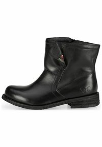 Black leather ankle boot with a slightly curved top, side zipper, and textured rubber sole. Features a small embossed logo on the heel.