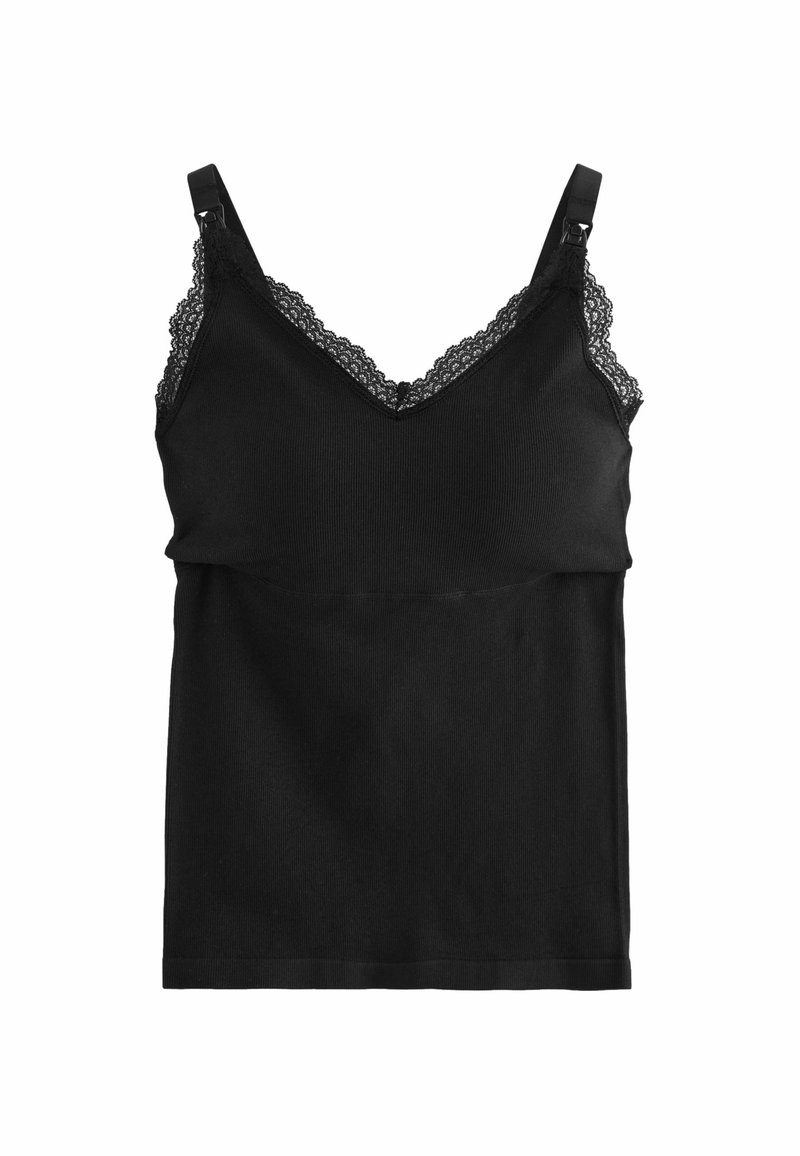 Camisola nera con spalline regolabili, bordo in pizzo lungo il scollo, texture a coste e design aderente. Finitura liscia all'orlo.