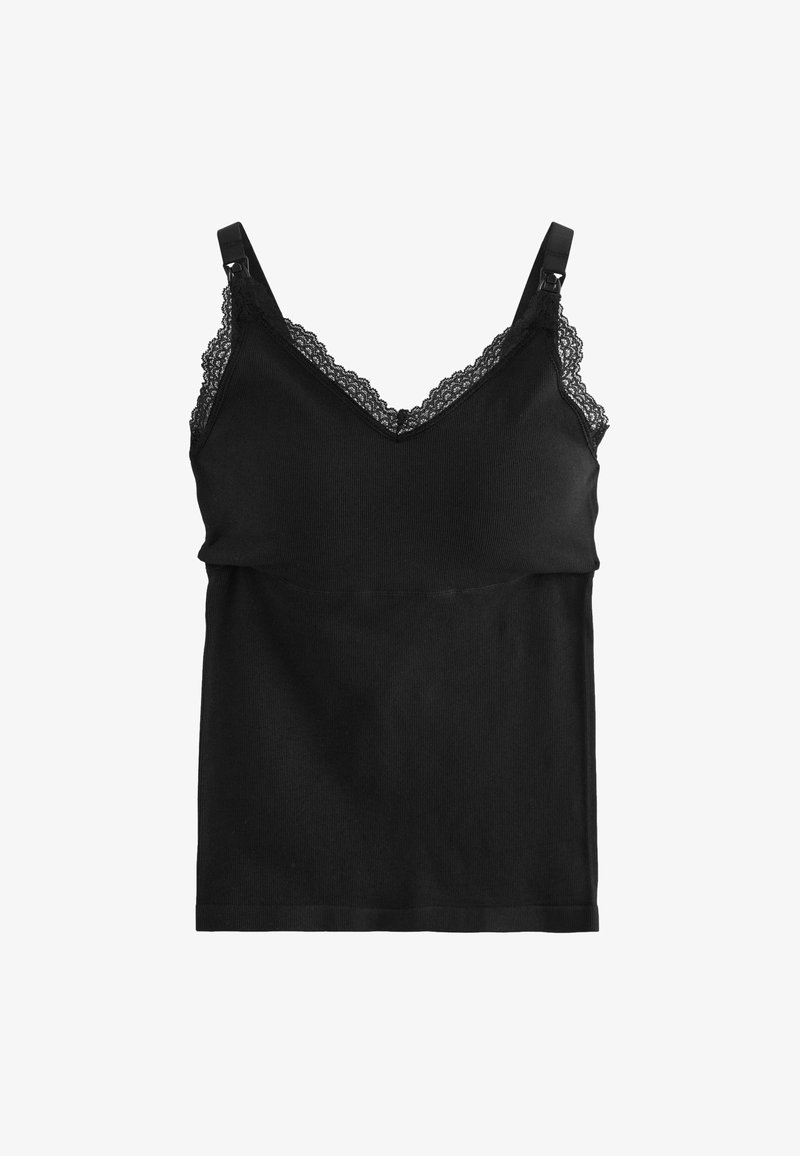 Camisola nera con spalline regolabili, bordo in pizzo lungo il scollo, texture a coste e design aderente. Finitura liscia all'orlo.