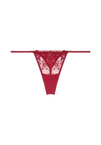 Röd spets-trosa med blommig broderi fram, genomskinligt nätpanel och tunna justerbara remmar. Slät foder bak.