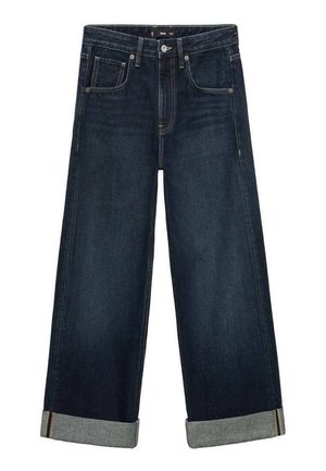 Dark blue denim jeans with a wide leg design, featuring cuffed hems, five pockets, and a button-fly closure. Heavy stitching detail visible.