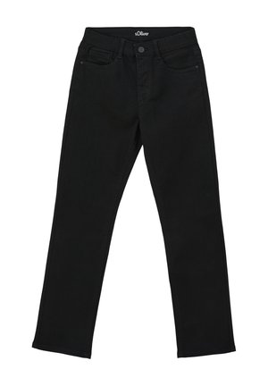 Jean noir droit avec fermeture bouton et zip, poches avant et arrière, et étiquette s.Oliver à l'intérieur de la ceinture.