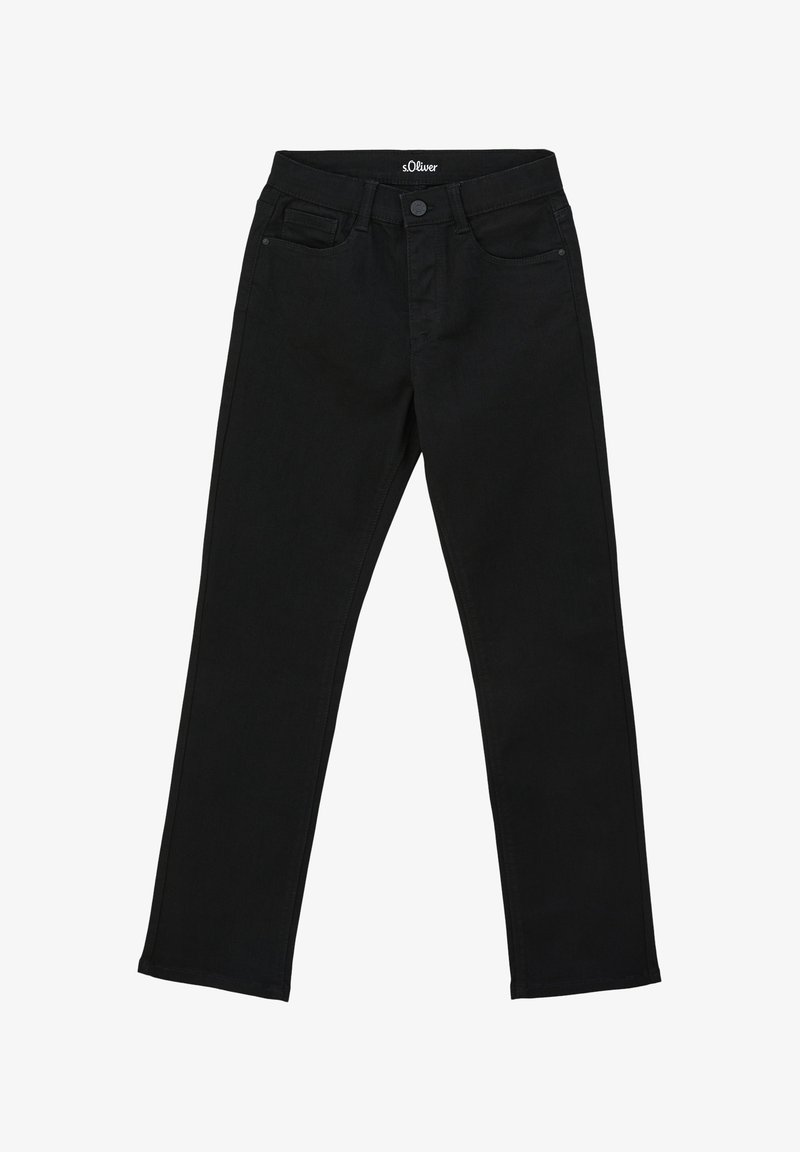 Jean noir droit avec fermeture bouton et zip, poches avant et arrière, et étiquette s.Oliver à l'intérieur de la ceinture.