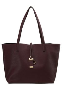 Borsa tote in pelle color mogano con due manici lunghi, finitura testurizzata e dettaglio in metallo dorato sulla chiusura. Design senza chiusura superiore.
