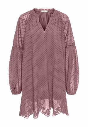 Pikad varrukad mauve toonis tuunika tekstureeritud täpilise kangaga, läbipaistvate kellukujuliste varrukatega, kogutud kaelusega ja lõhikuga lillelise pitsist äärega.