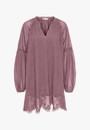 Pikad varrukad mauve toonis tuunika tekstureeritud täpilise kangaga, läbipaistvate kellukujuliste varrukatega, kogutud kaelusega ja lõhikuga lillelise pitsist äärega.