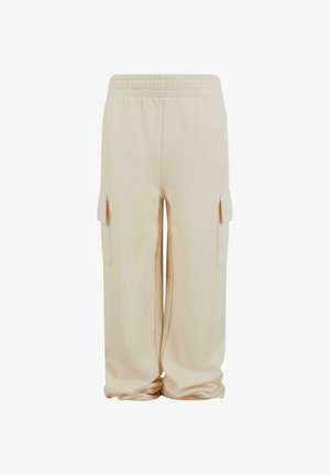 Beige katoenen sweatpants met een relaxte pasvorm, elastische tailleband en twee zijcargo pockets voor extra functionaliteit.