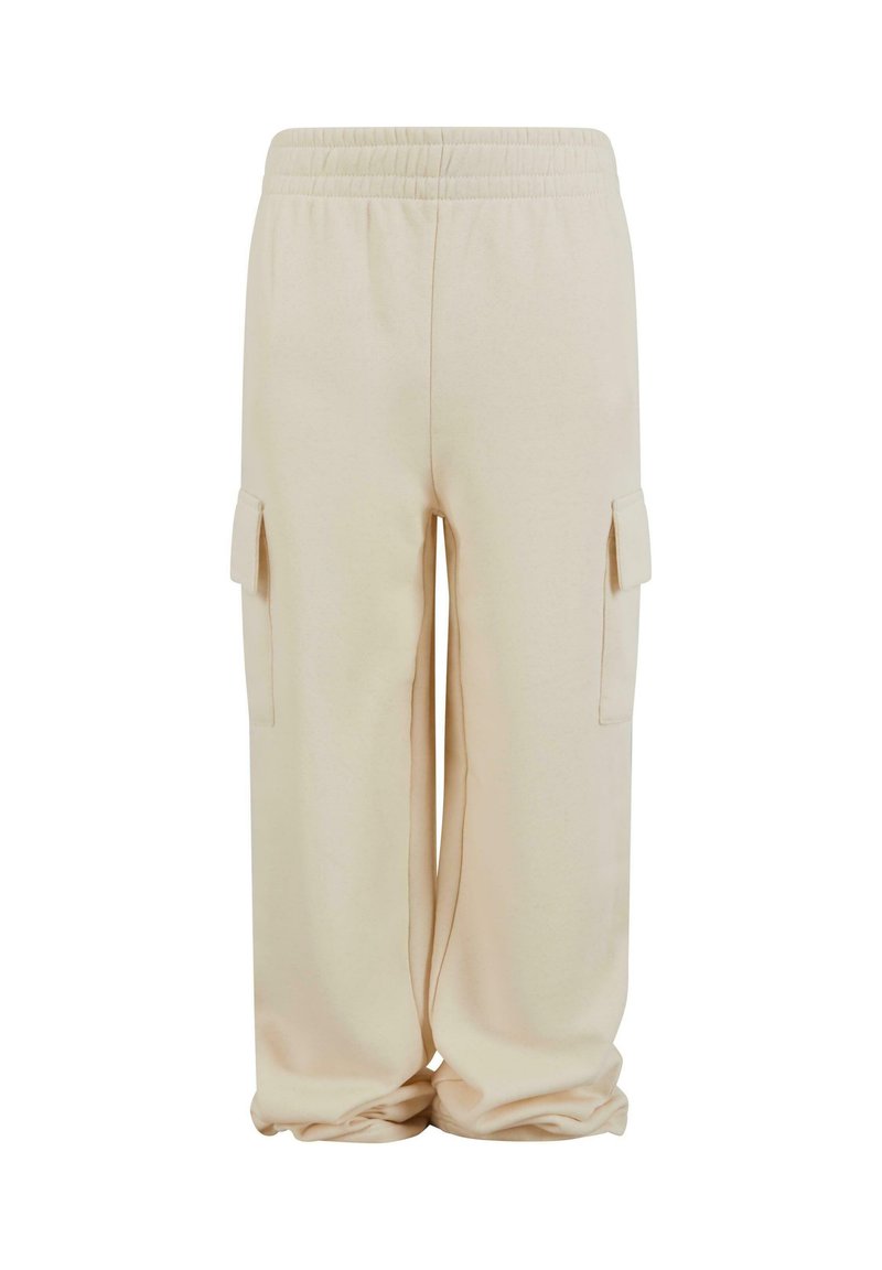 Pantalons de survêtement en coton beige avec une coupe décontractée, une taille élastique et deux poches cargo latérales pour plus de fonctionnalité.