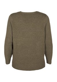 Olivenfarbener Pullover mit langen Ärmeln, Rundhalsausschnitt, strukturiertem Strickstoff und Rippbündchen am Saum. Rückansicht, keine zusätzlichen Details sichtbar.