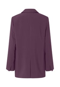 Μωβ σακάκι με καπιτονέ γιακά, μακριά μανίκια και ραφή κατά μήκος της πλάτης. Κατασκευασμένο από λεία ύφανση με κομψή εφαρμογή.