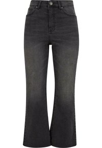 Jeans évasés taille haute en denim gris foncé, présentant une texture lisse, une fermeture à bouton sur le devant et un design traditionnel à cinq poches.