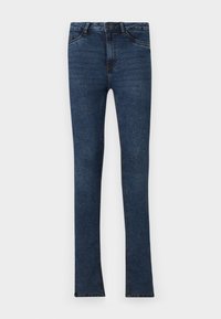 Dark blue denim jeans with a fitted shape, featuring five pockets, a button fly, and light stitching along the seams.