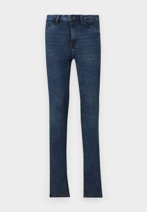 Mørkeblå denimjeans med en tettsittende fasong, som har fem lommer, knappestolpe og lys søm langs sømmene.