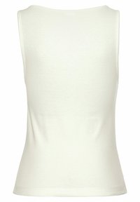 White ribbed tank top with a round neckline and no sleeves. The fabric is smooth and stretchy, featuring a form-fitting design.