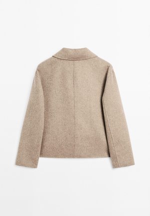 Brown wool-blend jacket displayed from the back, featuring a collar and long sleeves against a plain white background.