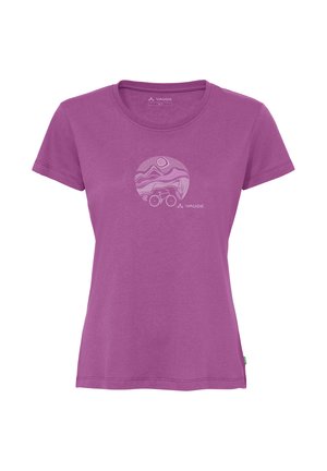 Lila Damen-T-Shirt mit kurzen Ärmeln und rundem Ausschnitt, mit einem kreisförmigen Berg- und Fahrradmotiv mittig auf der Brust.