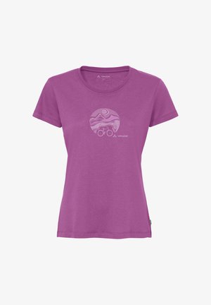 Lila Damen-T-Shirt mit kurzen Ärmeln und rundem Ausschnitt, mit einem kreisförmigen Berg- und Fahrradmotiv mittig auf der Brust.