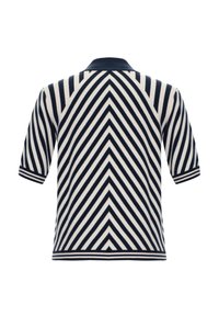 Svetr s krátkými rukávy, se vzorem pruhů ve tvaru chevron v námořnické modré a krémové barvě, pletená tkanina a klasický límec.