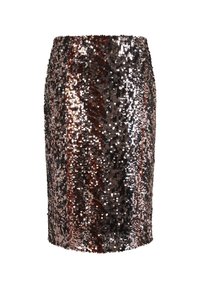 Jupe crayon noire et marron à sequins, avec une surface brillante et réfléchissante et une coupe longueur genou.